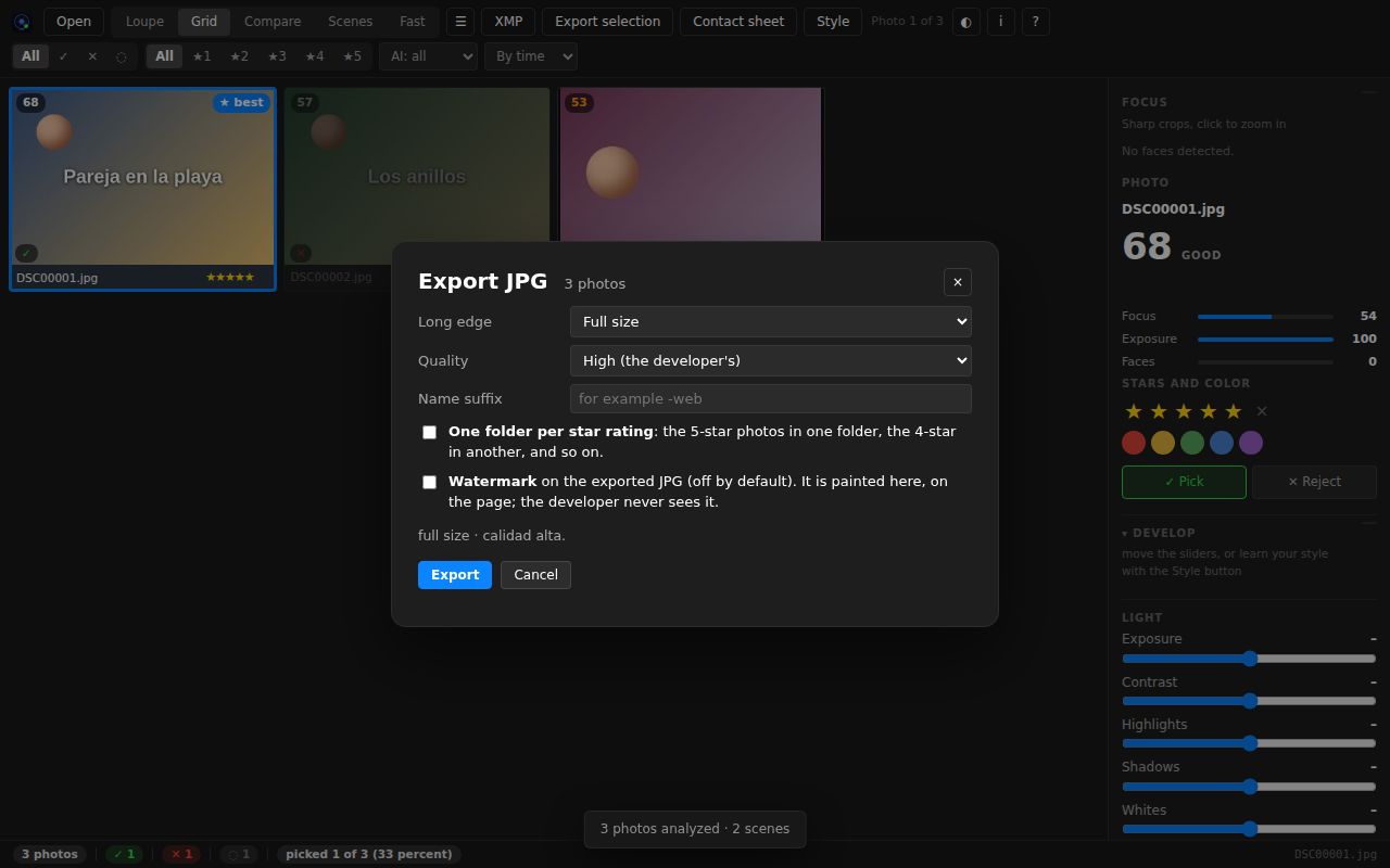 The export JPG dialog: long side, quality, suffix, folders by stars and watermark