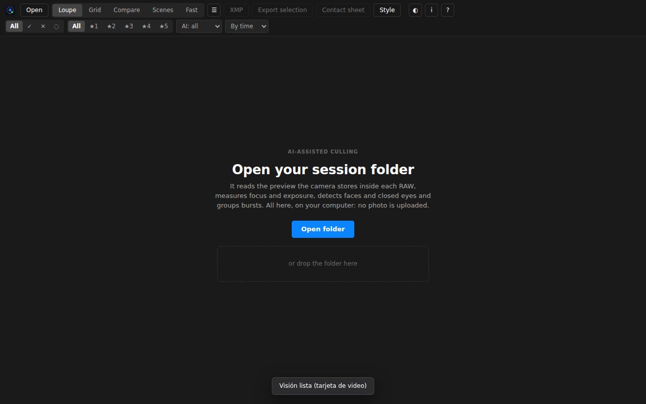 The start screen: open the session folder or drag it in