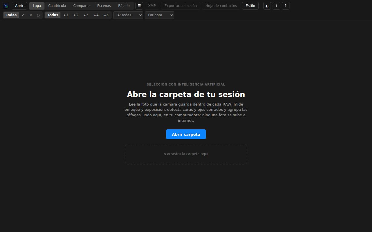 La pantalla de inicio: abrir la carpeta de la sesión o arrastrarla
