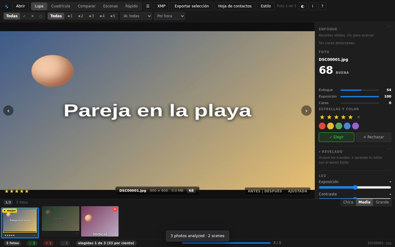 La lupa: la foto grande con las caras marcadas, el panel de datos y la tira de la sesión abajo